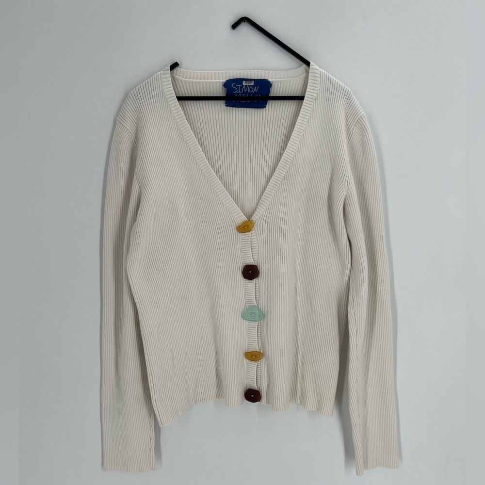 Simon Miller Nepa Multicolor Sea Glass Shaped Button Knit Cardigan In White